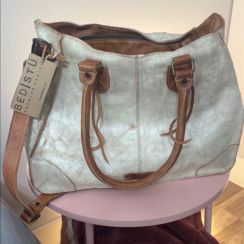 BED|STU White and Brown Leather Tote Bag with Distinctive Design